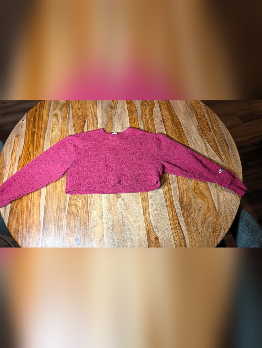 Champion Women’s Rose Pink Embossed Logo Cropped Crew Sweater